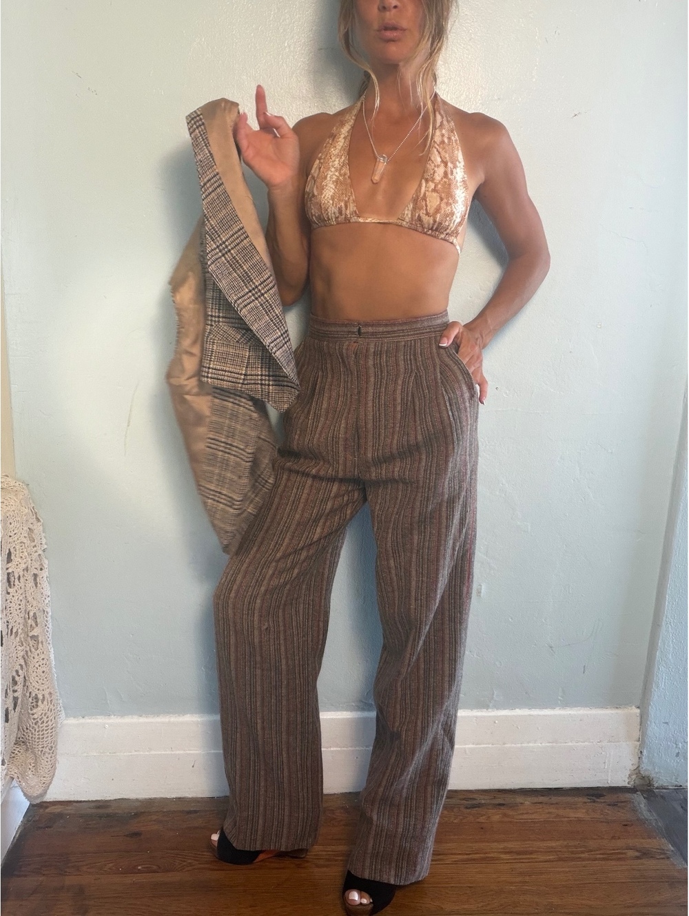 Samuel Robert Vintage Striped Wool Blend Wide-Leg Pants
